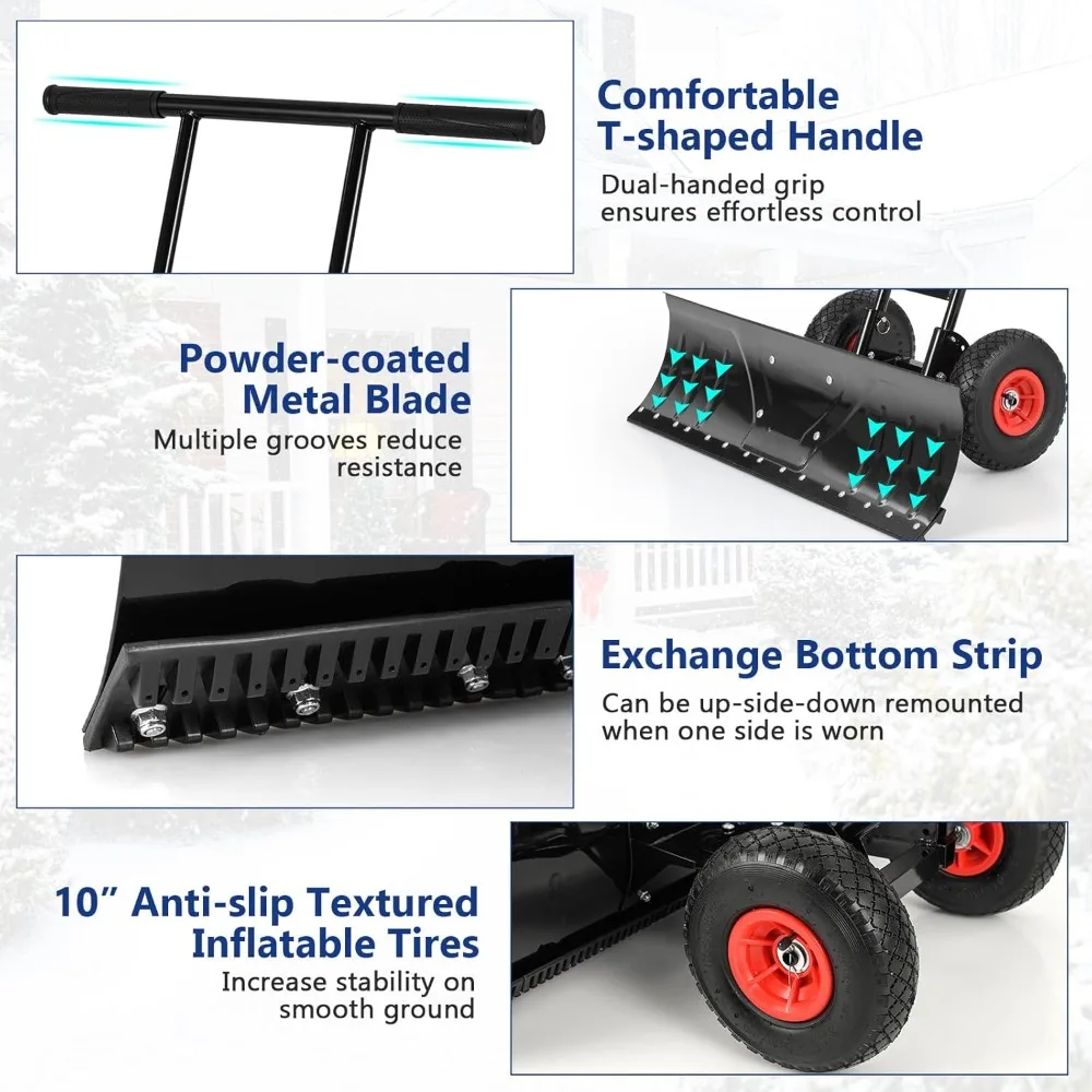 Happygrill Snow Shovel for Driveway, 36” Wide Metal Snow Pusher with Inflatable Wheels, 7-Position Angled Blade, Adjustable Hand