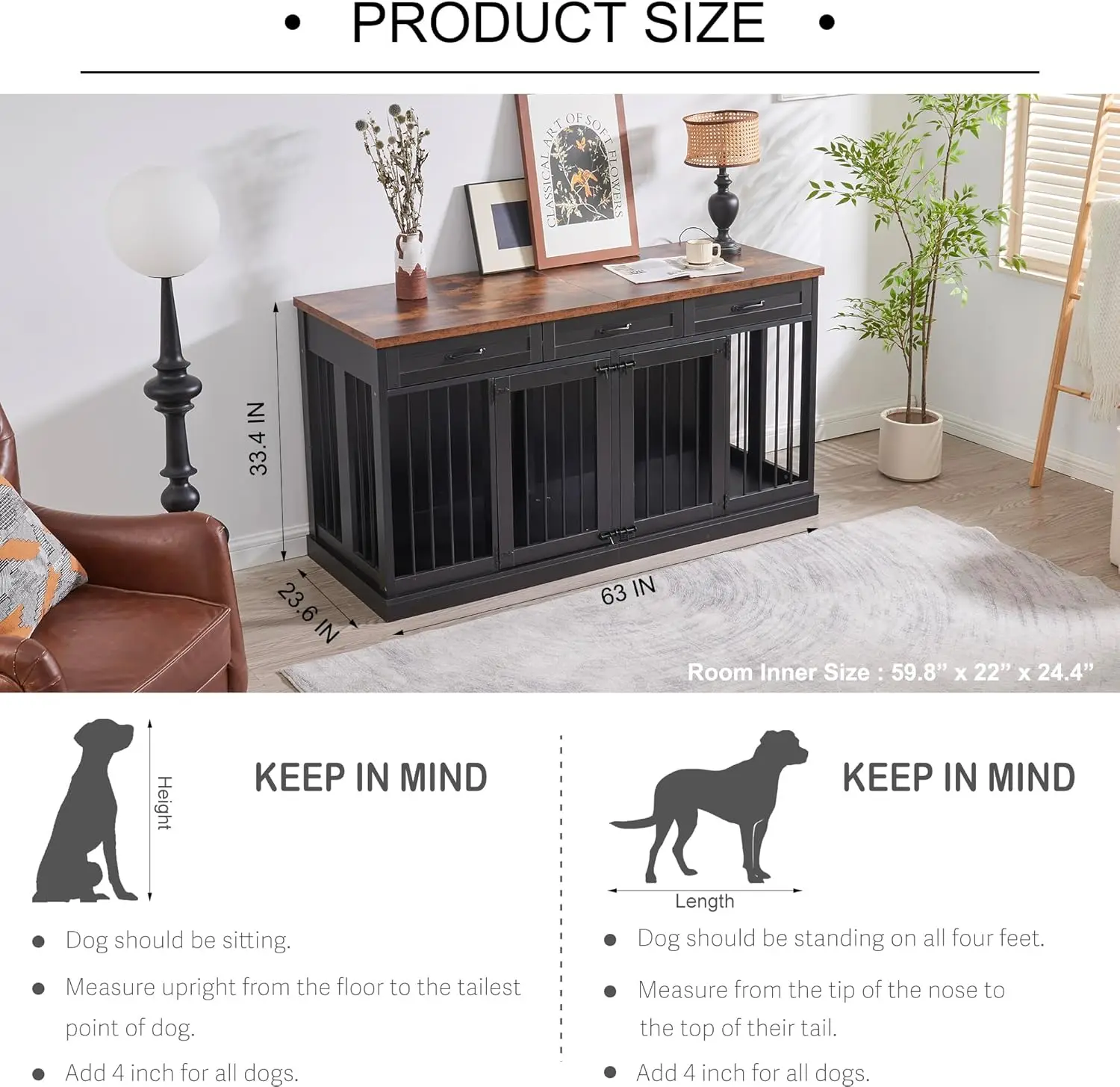 63 inches Large Dog Crate Furniture for 2 Dogs Double Dog Crate Wooden Heavy Duty Dog Kennel Furniture TV Stand with 3 Drawers