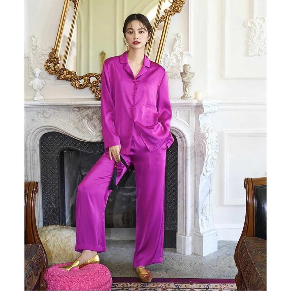 Autumn Luxury Satin Women Pajamas Set Long Sleeve Shirt Loose Pants Sleepwear Rose Purple Suit Ladies Office 2 Piece Sets Outfit