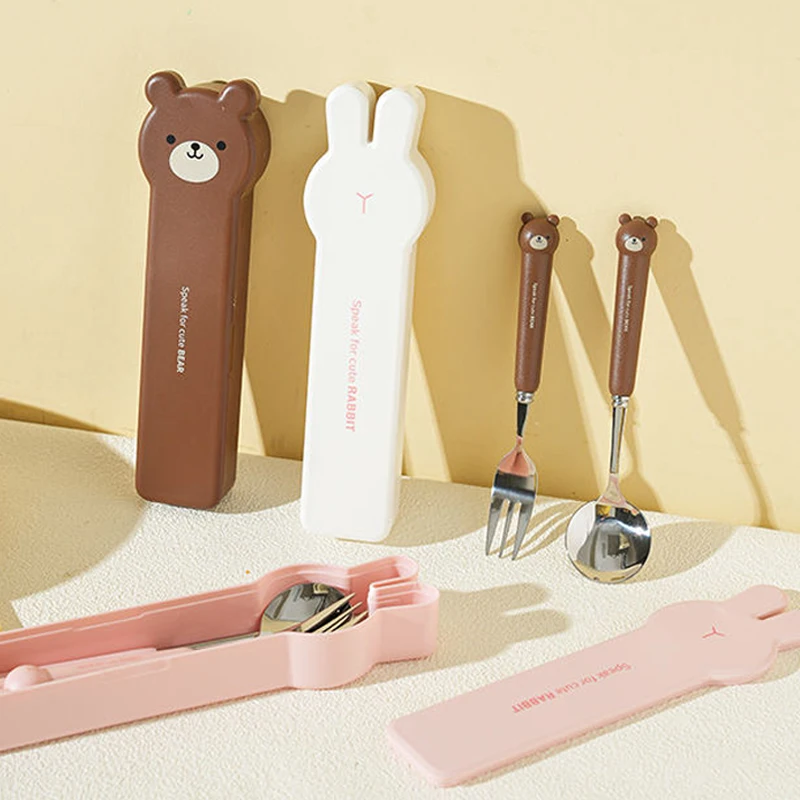 

Stainless Steel Kids Utensil Set Animal Themed Bear & Rabbit Fork Spoon Chopsticks Food-Grade Portable Cutlery for Lunch Box