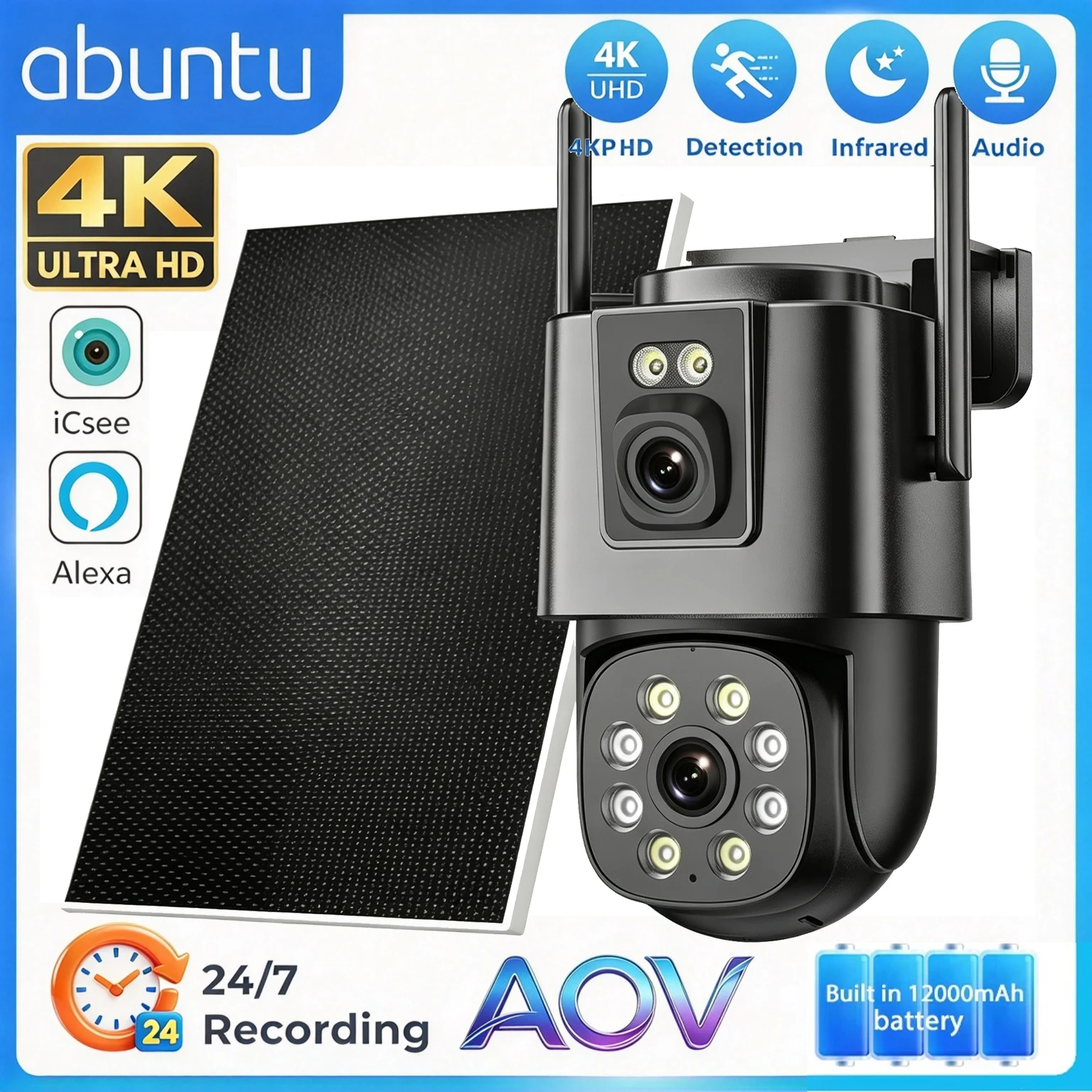 8MP 4K Solar Camera Wifi Outdoor 24/7 Video Record Dual Lens Wireless Security Camera Built-in Battery 365 Days Standby ICsee