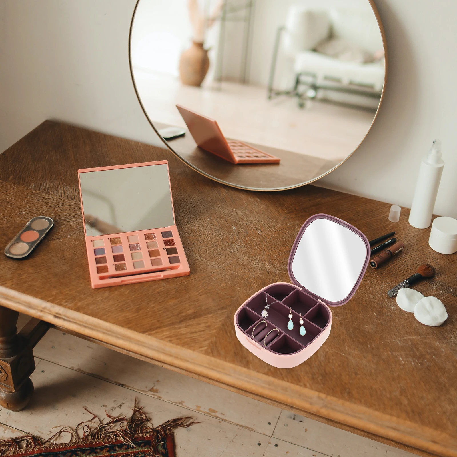 

Portable Jewelry Box Mirror Necklace Earrings Storage Case Bracelet Boxes Travel Multi Grid ABS HIPS TPR Material Small Items
