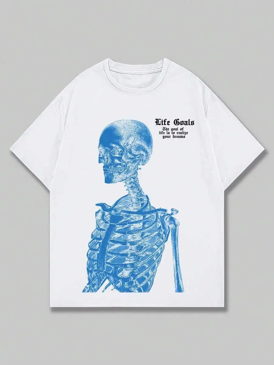 ROMWE MEN Street Life Spring/Summer Graphic White Men Slogan & Skeleton Print Tee For Halloween, School 100% Cotton Trendy Y2K