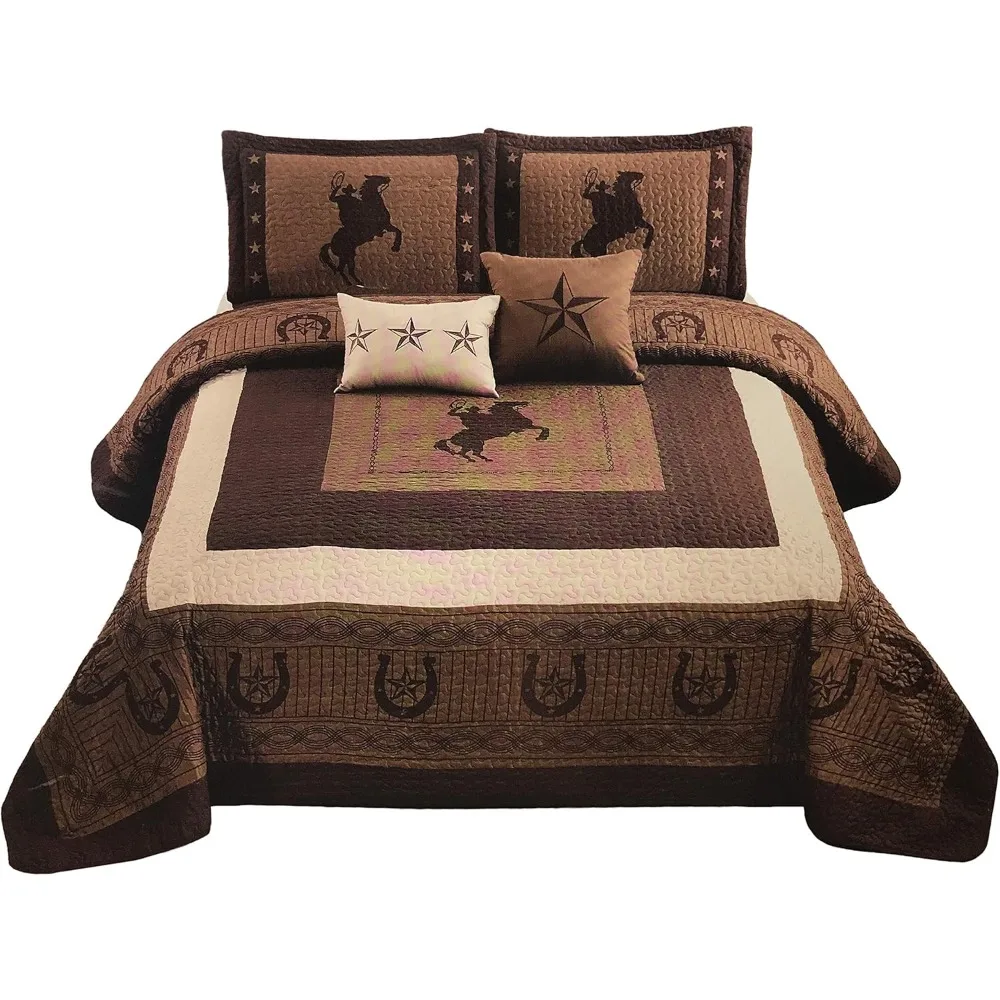 مجموعة لحاف كبيرة الحجم من رعاة البقر الغربية الفاخرة على شكل نجوم الخيول ومفرش سرير مع وسائد لديكور المنزل #3