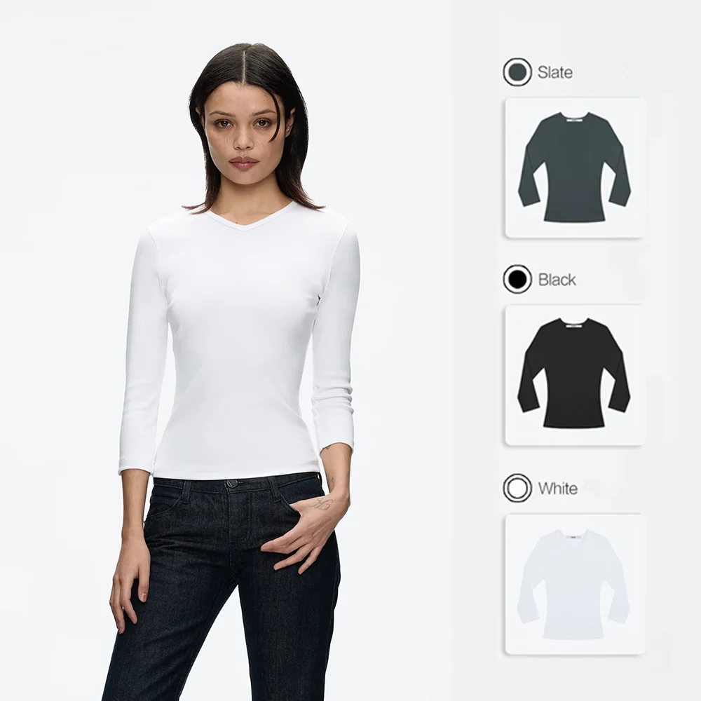 Tank Women's V-Neck Three-Quarter Sleeve Slim-Fit T-Shirt, Simple and Versatile Slimming Tight-Fitting Base Shirt, Spring and Autumn Solid Color Inner Wear or Outerwear Top, Multi-Color Basic Base