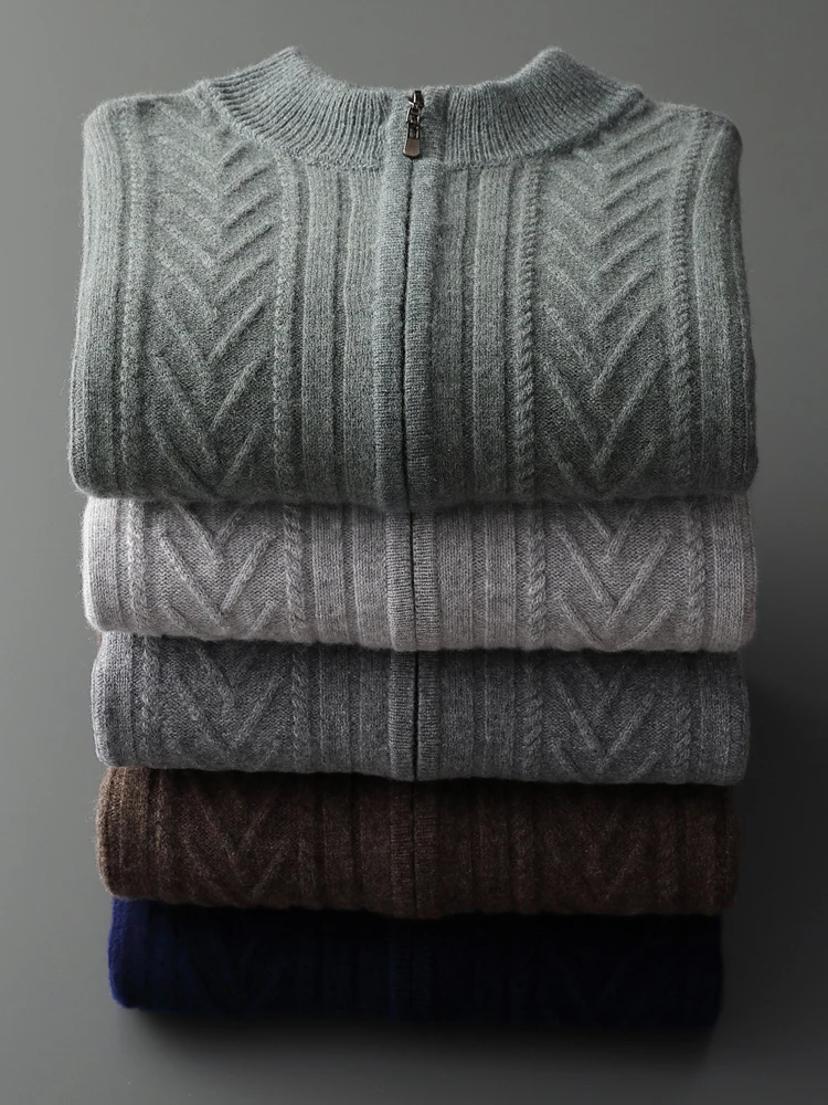 

Men Zipper Cardigan Coat Thick Cashmere Sweater Autumn Winter Stand Collar Jacquard Pattern Knit 100% Merino Wool Knitwear Tops