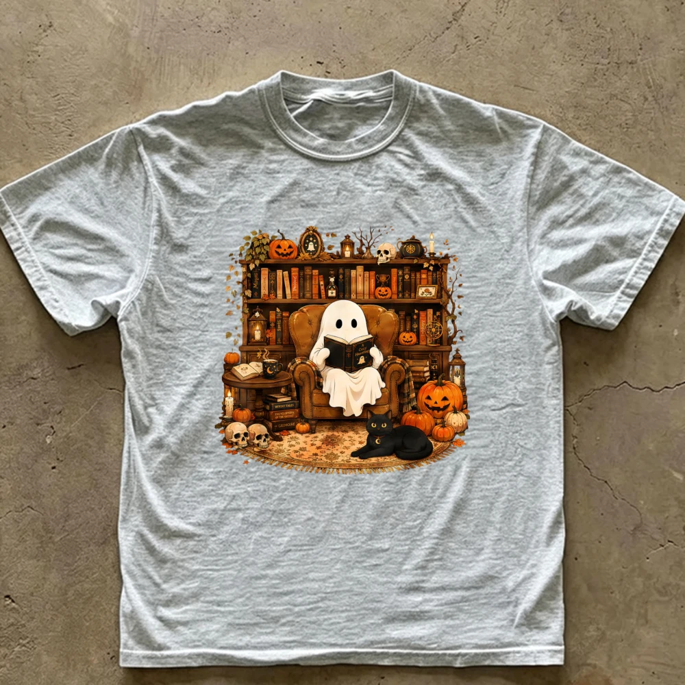 Cute Reading Ghost Black Cat Pumpkin Bookshelf Graphic T‑Shirt Halloween Spooky Book Lover Print Casual Short Sleeve Cotton Tops