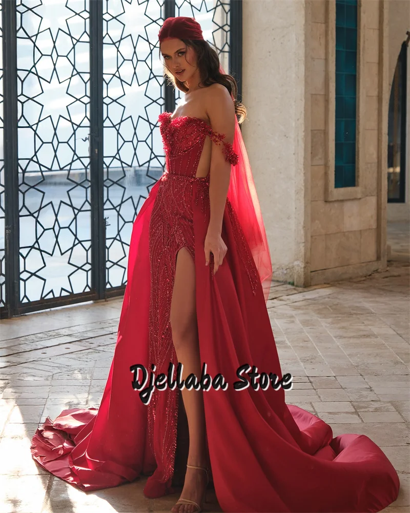 

Luxury Red Beaded Lace High Slit Prom Dresses 2025 Elegant Saudi Arabia For Women Formal Birthday Party Dress Customized