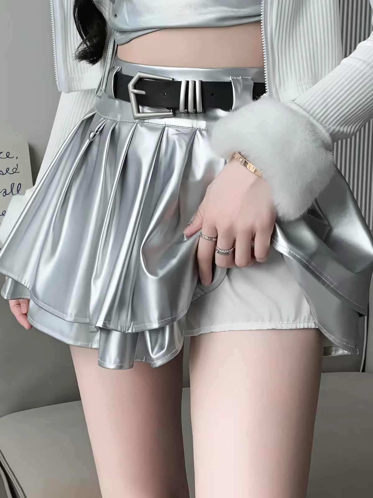Black PU Leather Pleated Mini Skirts for Women - High Waist A-Line with Inner Shorts, Petite Friendly, Edgy Fall Spring Style