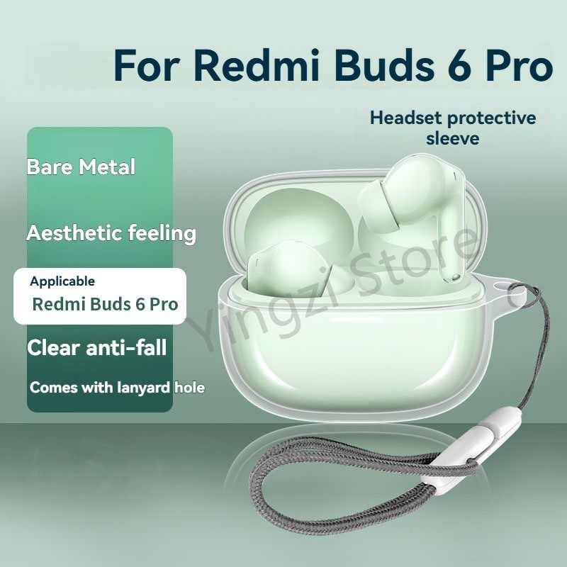  Clear Case for Redmi Buds 6 Pro Headset Soft TPU Protective Soft Charging Bag Headset Case Storage Bag with Hook Rope 
