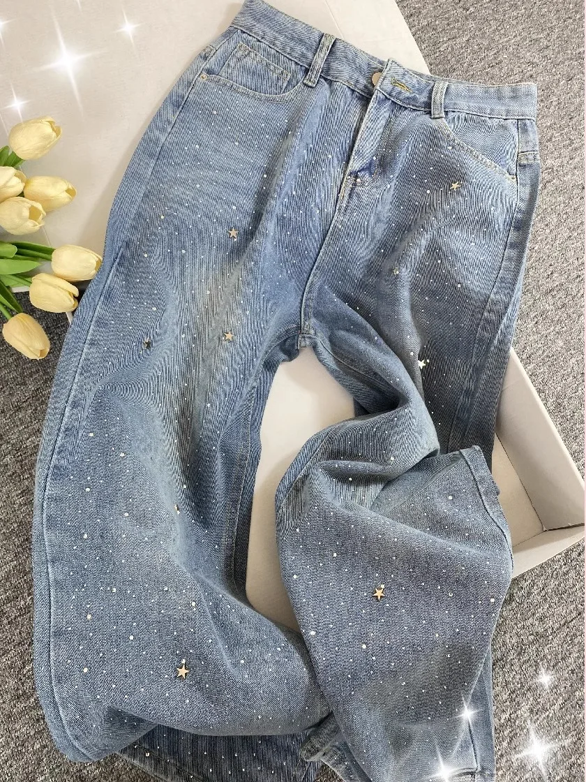 

High Waist Wide Leg Denim Jeans Women's Trendy Spring New Star Heavy Embroidery Floor Length Pants Casual Straight Cut
