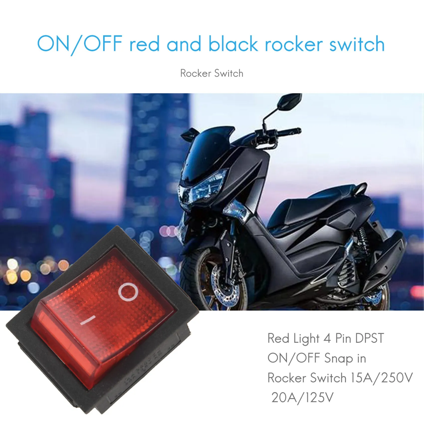 Red Light 4 Pin DPST ON/OFF Snap in Rocker Switch 15A/250V 20A/125V AC 28x22mm