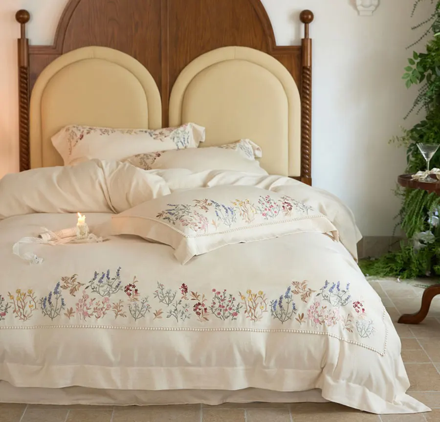 

Романтический сладкий комплект постельного белья с цветочной вышивкой, двойной, полный королевский льняной хлопок, домашний текстильный плоский простыня, наволочка, пододеяльник