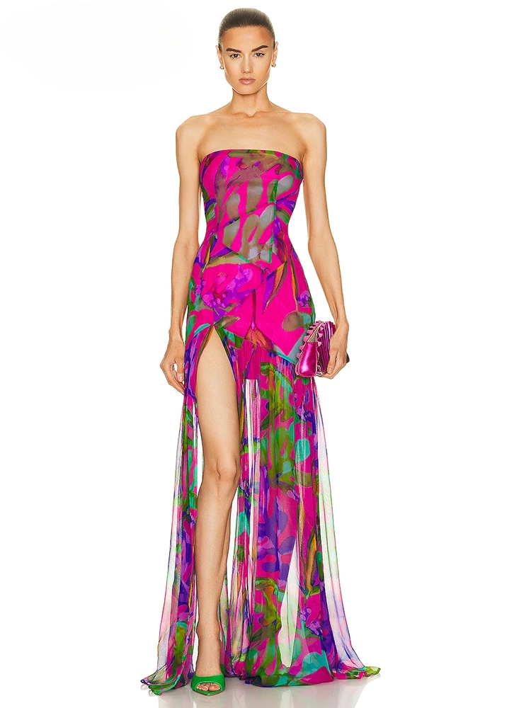 

2024 New Women's Sexy Strapless Printed Mesh Splice Sleeveless Split Celebrity Party Dress Colorful Holiday Fashion Gown