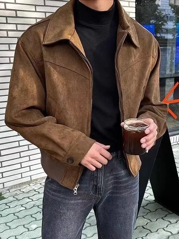 

Spring Autumn Men's ort Loose Zipper Suede Flight Jaet Hong Kong Sle Outerwear Trendy Pure Color No Brand Youth Faion