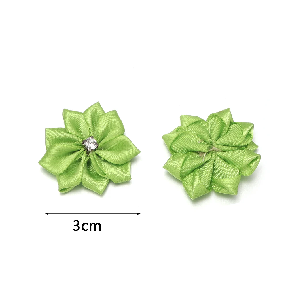 10pcs 3cm Mini Inlaid Rhinestones Satin Ribbon Flowers Handmade Flower Head For DIY Clothing Headwear Decoration Accessories