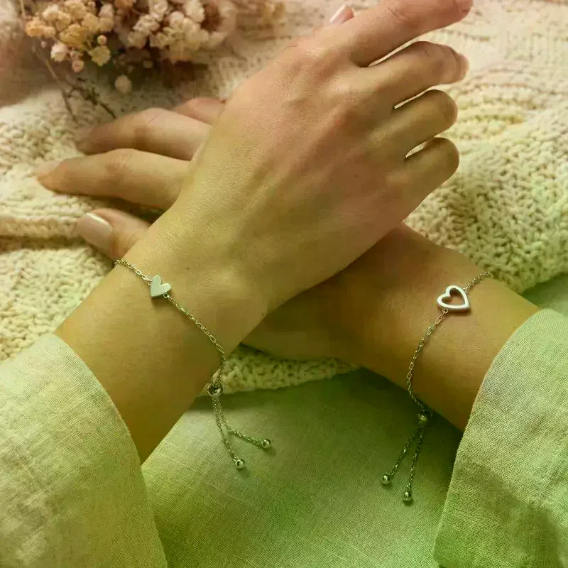 1/2Pcs Adjustable Alloy Heart Cutout Bracelets Sweet Simple Style For Couple Daily Wear Valentine's Day Romantic Gift Bracelets