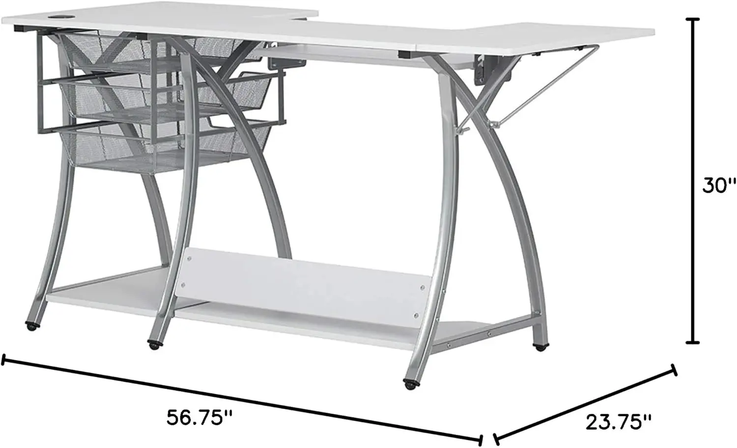 Pro Stitch Sewing Machine Table - 56.75" W x 23.75" D White Hobby and Sewing Machine Table with Storage Shelf
