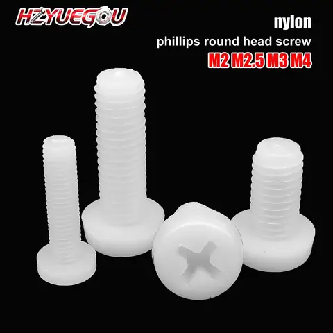 HZYUEGOU 50pcs M2 M2.5 M3 M4 Dia=2-10mm White Color Nylon Plastic Insulated Cross Phillips Pan Round Head Bolt Screw