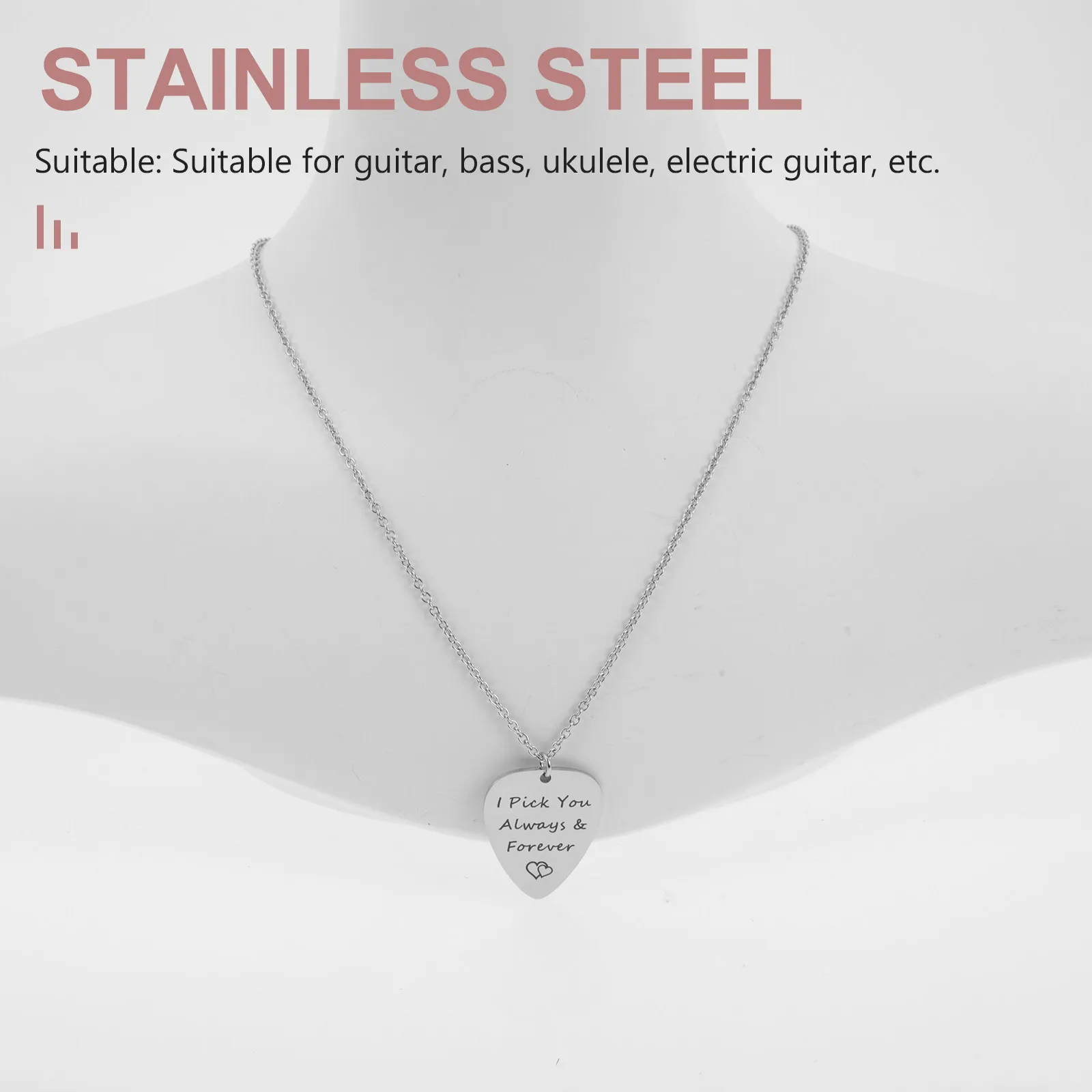 Guitar Pick Necklace Stainless Steel Pendant for Guitarists Beginners Musicians Portable Bass Ukulele Pick Decorative Creative