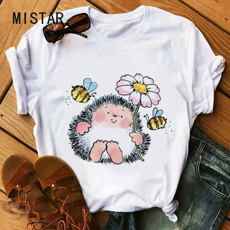 Hedgehog CuteT-shirt Small Hedgehog Cute Europe United States Bottom Round Neck Shoulder T-shirt   shirts for women