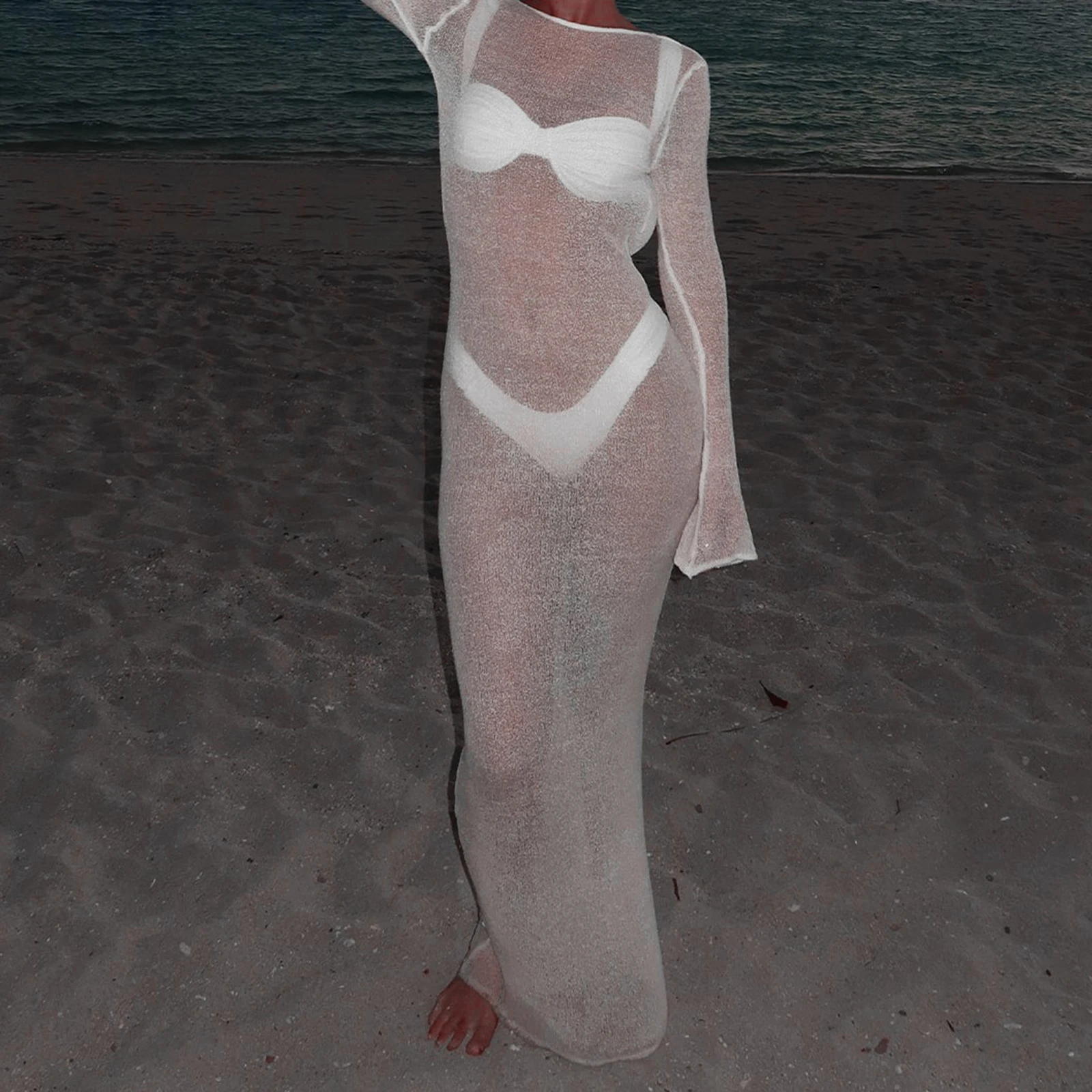 

New Women Beach Cover Up Solid Color See-Through Long Sleeve Summer Swimsuit Coverup Bathing Suit Cover Ups Long Dresses