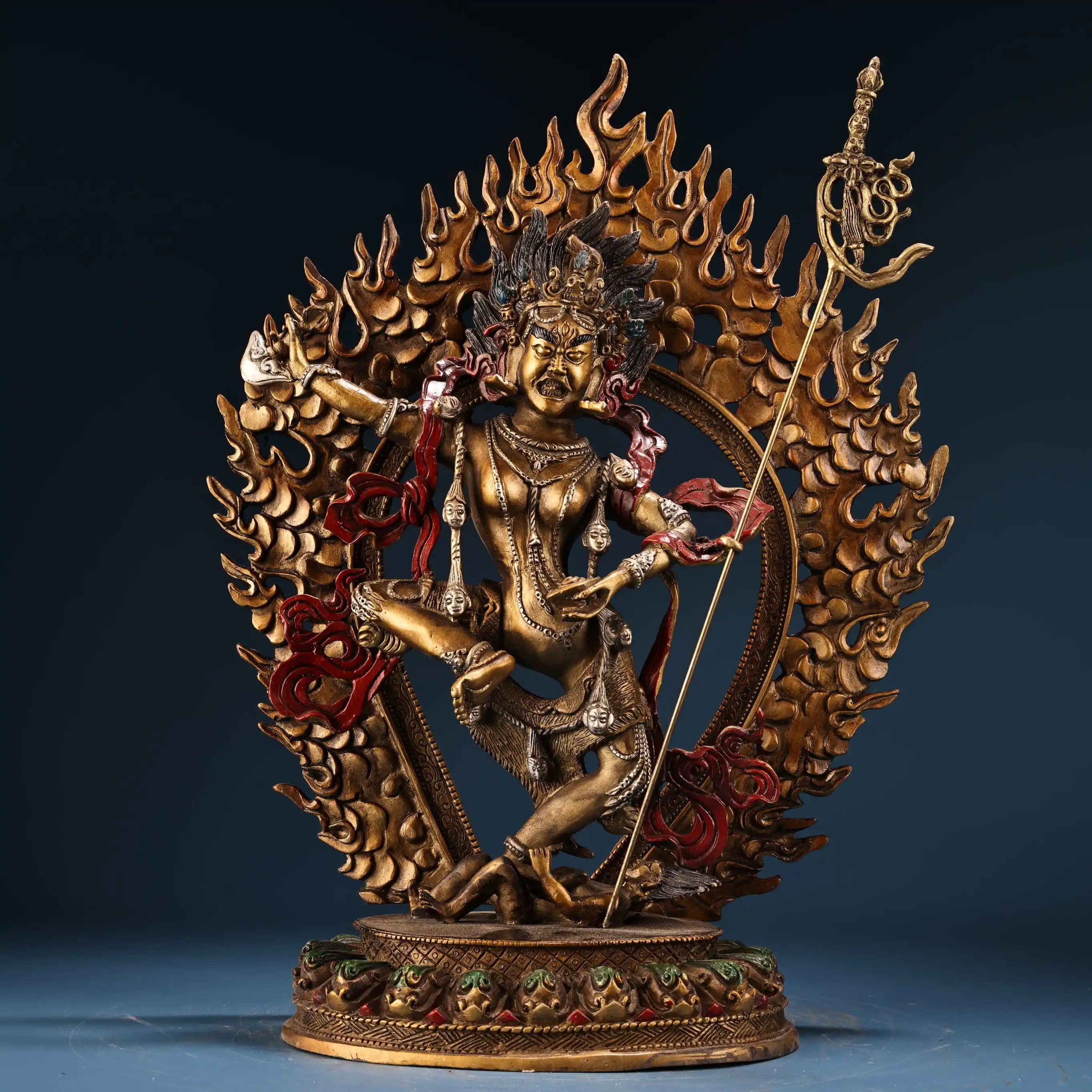 

13"Tibetan Temple Collection Old Bronze Gilded Painted High Relief Dakini Buddha Backlit Lotus Buddha Terrace Worship Hall