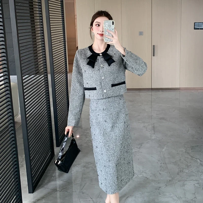 

Elegant Suit Set for Women, Early Autumn New Noble Lady Quality Professional Short Jacket and Long Skirt Two-piece Set Hot Sale