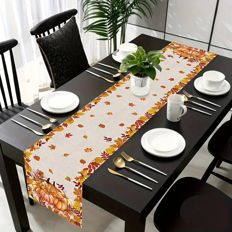 Fall Pumpkins Maple Leaves Linen Table Runner Holiday Party Decor Reusable Kitchen Dining Tablecloth Autumn Decorations
