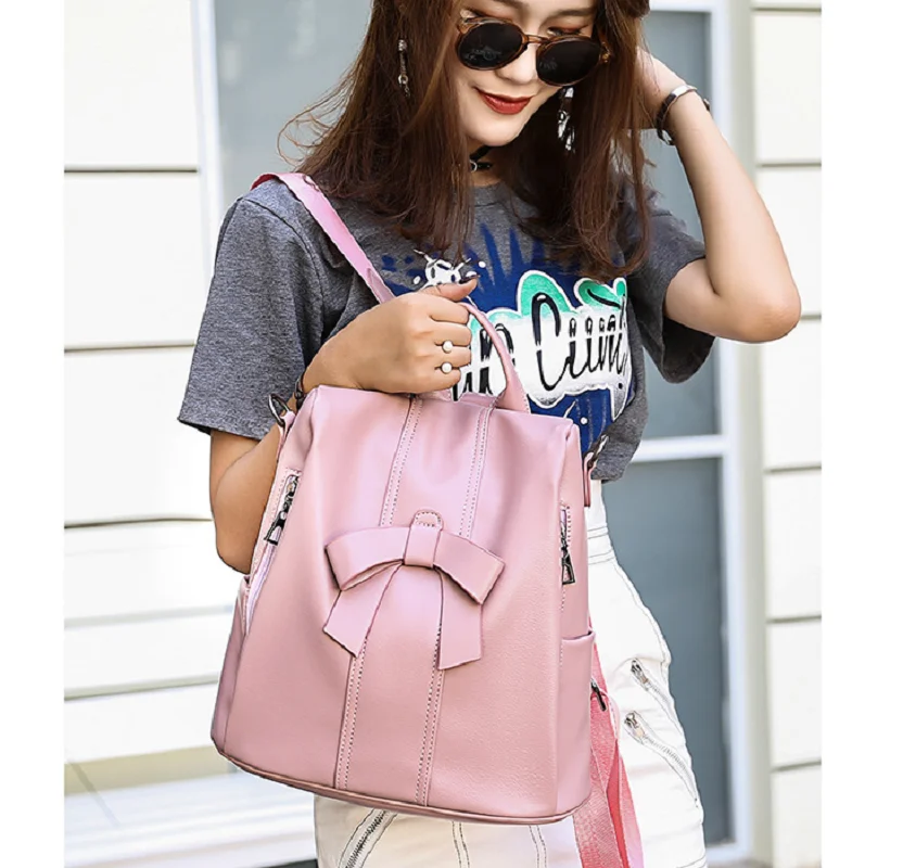 2026 New Women's Fashion Cute Bow Leather Travel Backpack Large Capacity Anti Theft Shoulder Bags Ladies Casual School Bag Totes