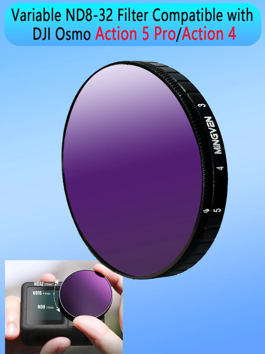

MINGVEN Variable ND8-32 (3-5 Aperture) Filter, Compatible with DJI Osmo Action 5 Pro/4, Screw Holding,Action Camera Accessories