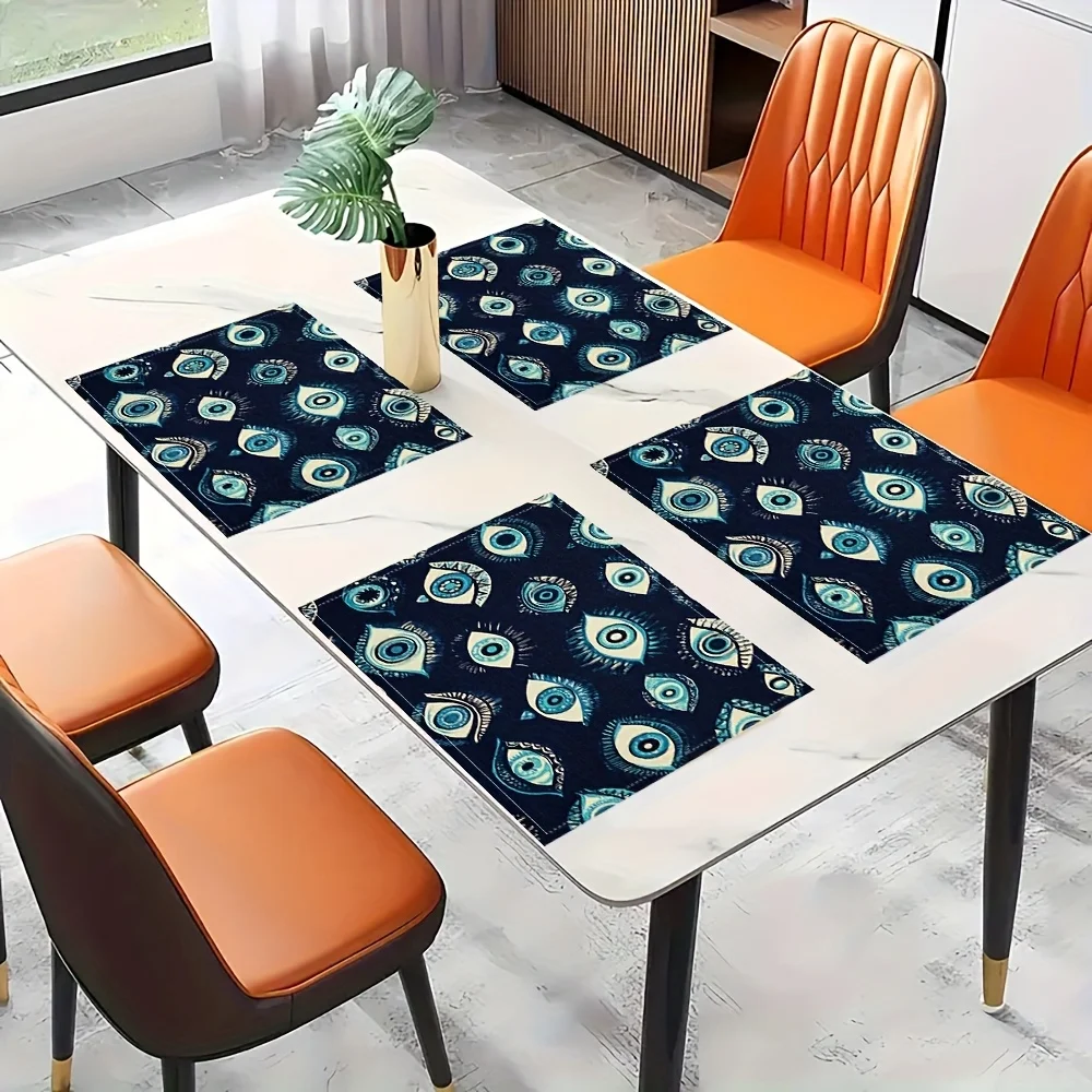 Evil Eye Placemats Set Of 4 Blue Turkish Nazar Amulet Linen Table Mats Boho Home Decor Kitchen Tableware Protection Symbol Gift