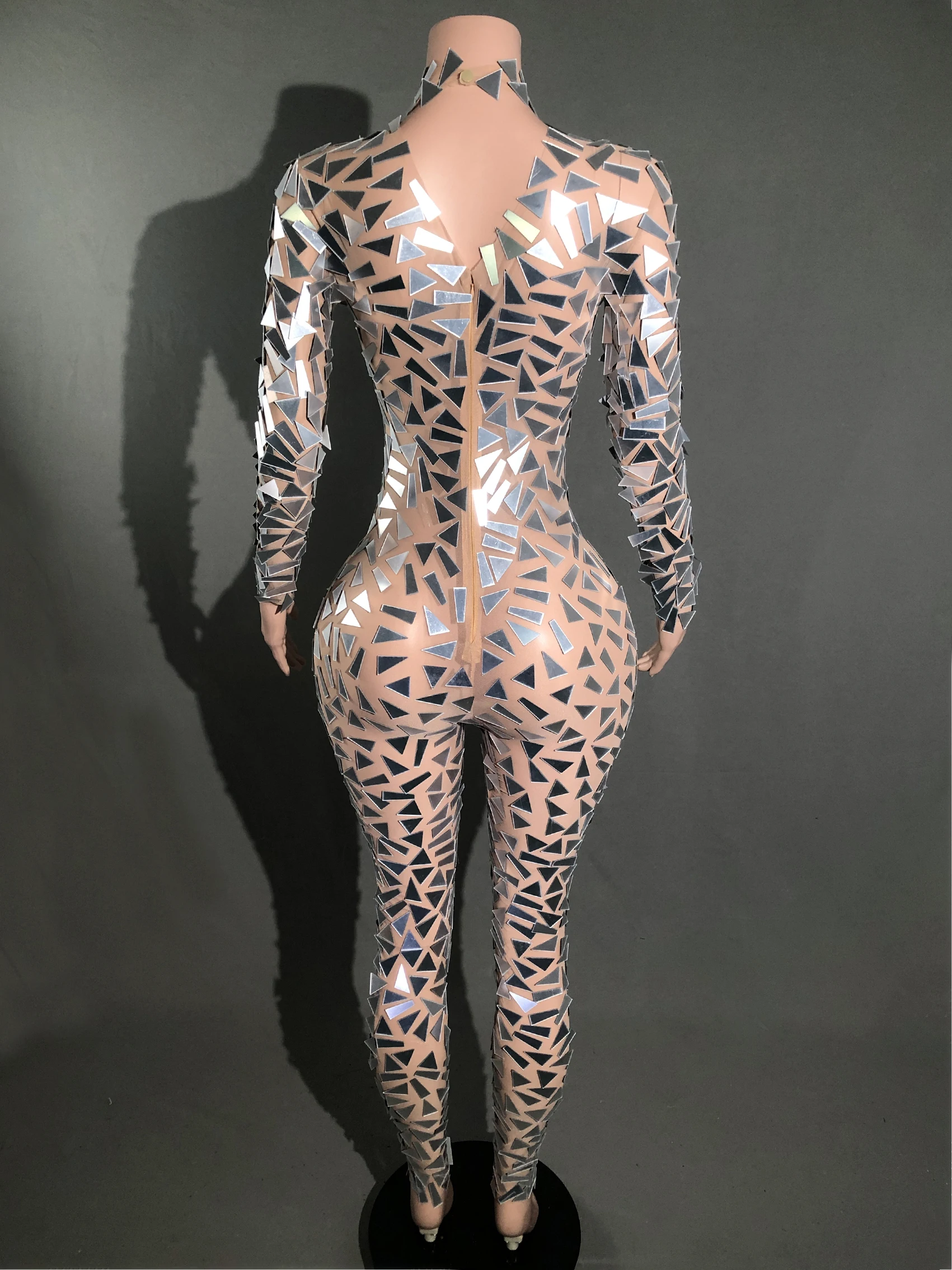 see through sheer fabric jumpsuit long sleeved pants lens high collar hanging neck stage performance costume
