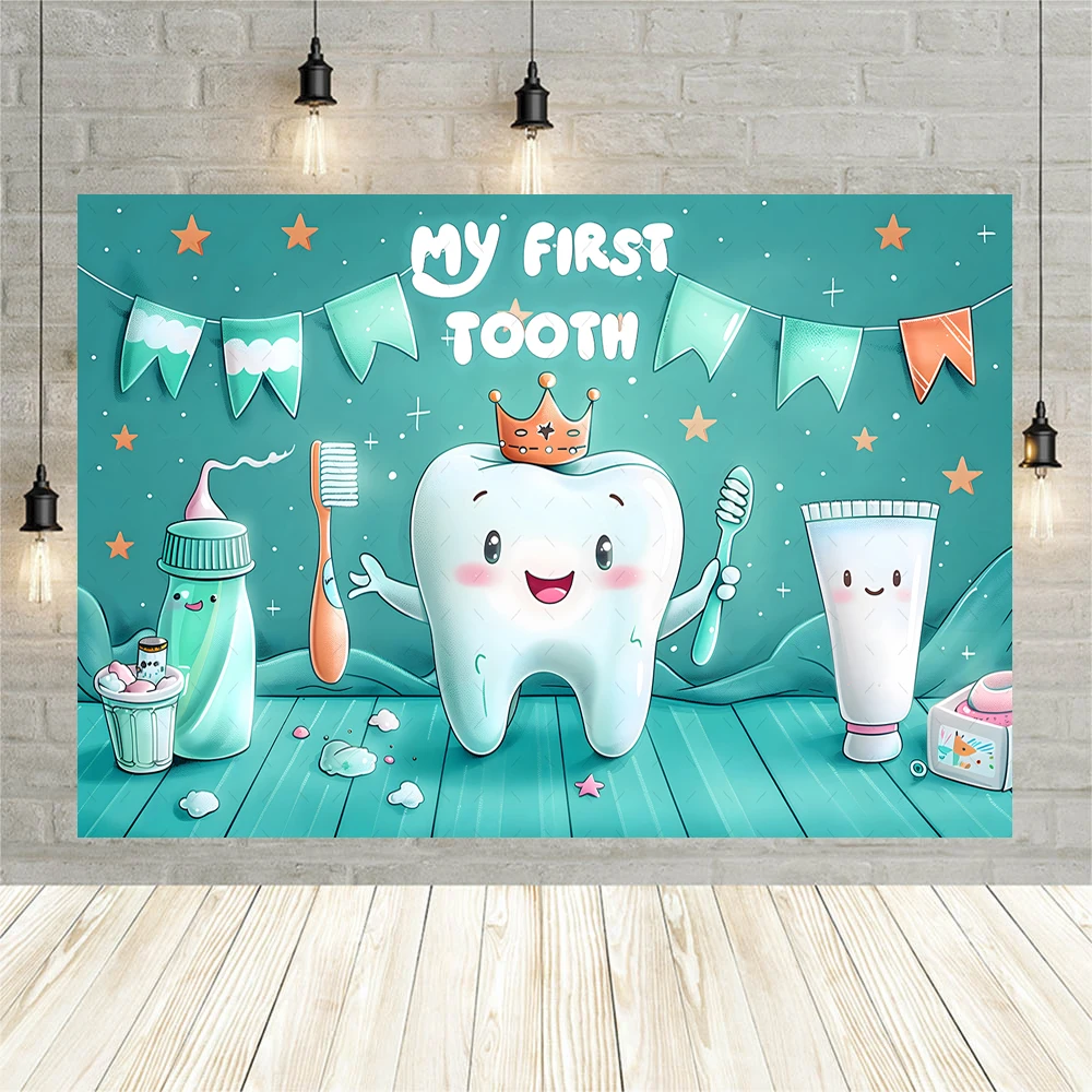 My First Tooth Cartoon Cute Baby Boys Girls Birthday Party Banner Backdrop Custom Shower Baby Portrait  Room Photo Studio Props