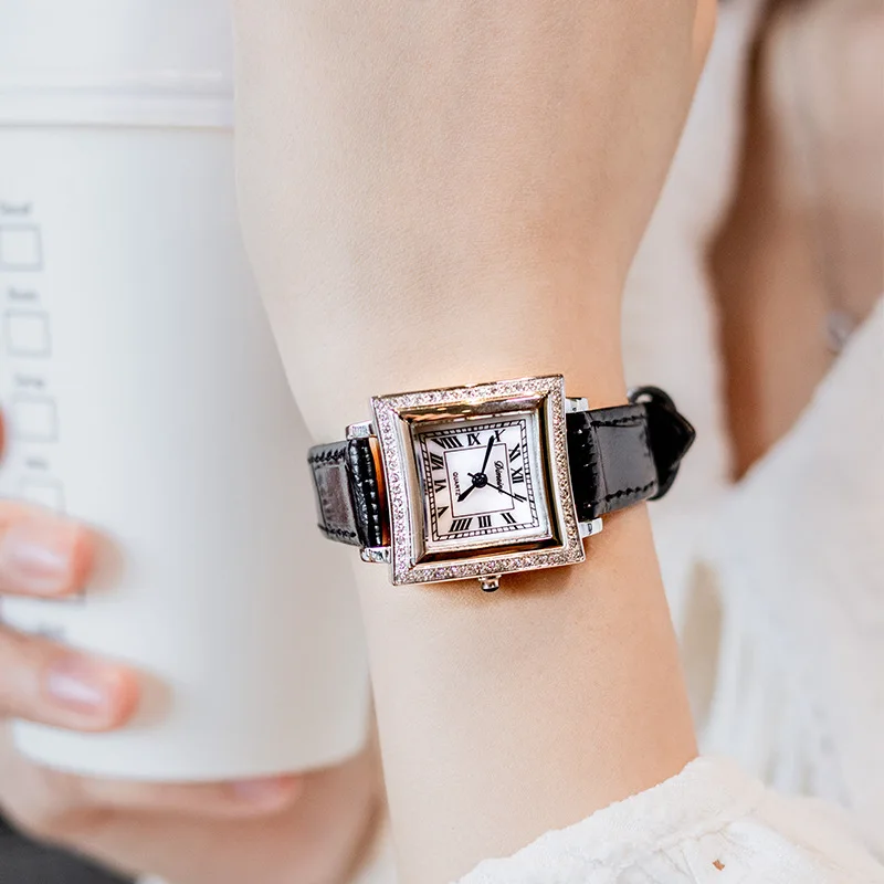 Лучший бренд, роскошные оригинальные женские часы с бриллиантовым безелем, классические римские наручные часы с синими стрелками и подарочной коробкой для часов