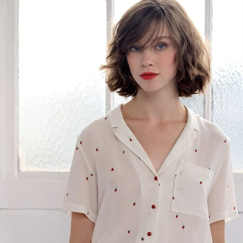 

Fre Sle Stberry Print Silk ort Sve irt Повседневная женская модная сезонная одежда с мягкой талией и небольшим воротником