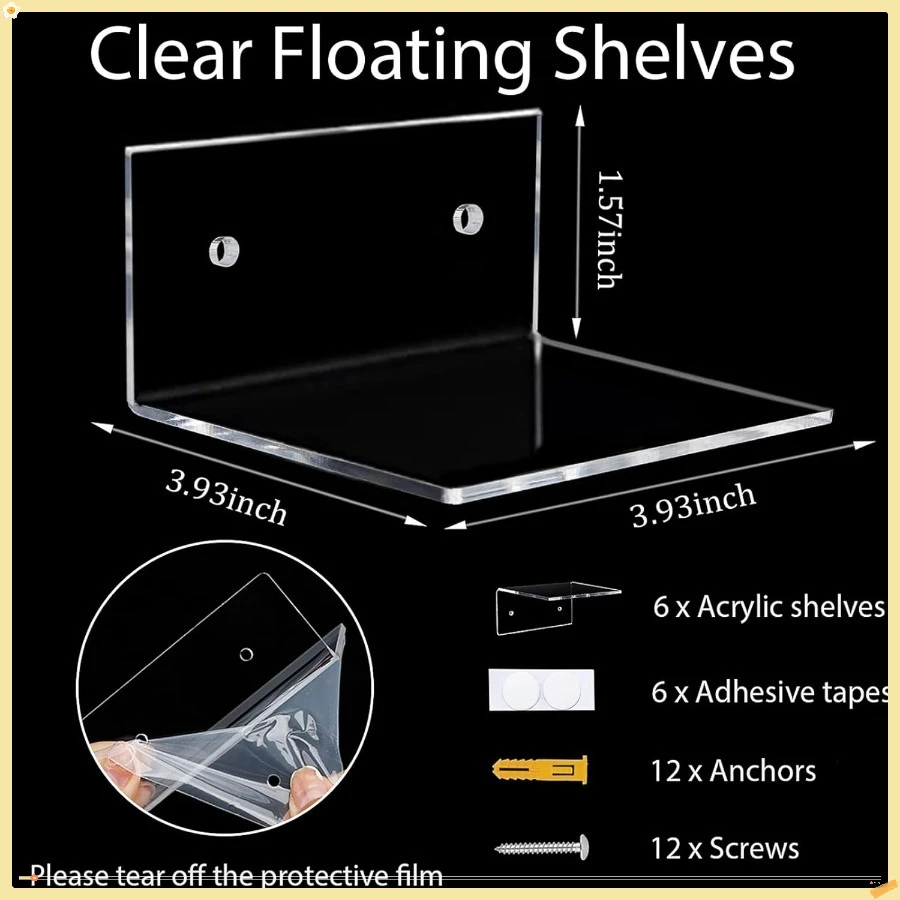 6 Pack Small Acrylic Floating Shelves for Wall, Wall Mounted Hanging Display Shelves for Plants , Adhesive Shelf for Bedroom