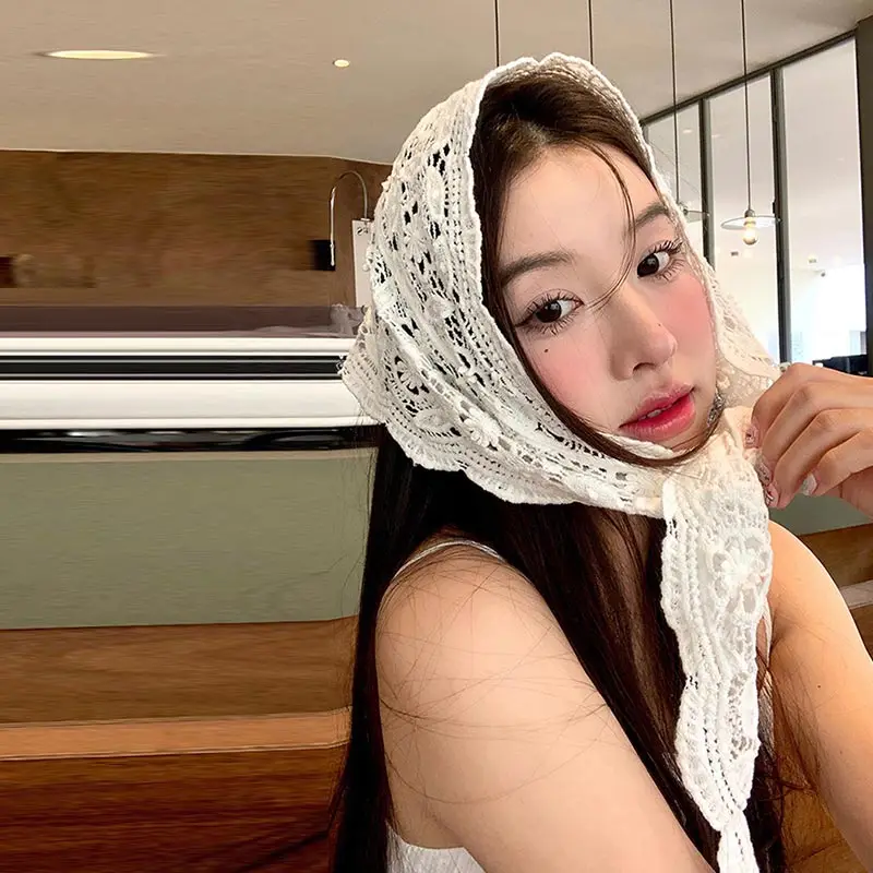 Spring Summer Vintage Knitted Lace Triangular Headscarf Bohemian Ethnic Style High-end Feeling Layered Waist Scarf Fart Curtain