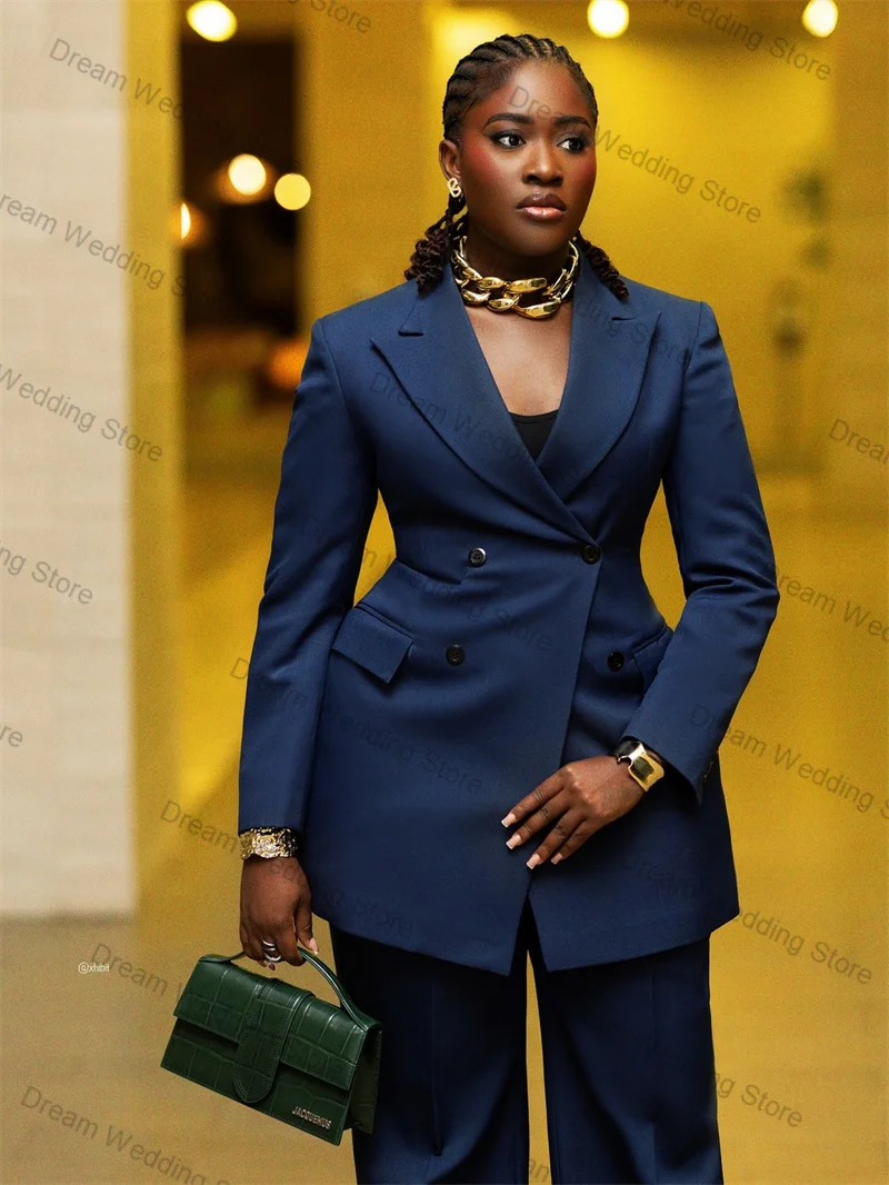 블루 여성 정장 세트 2피스 코튼 블레이저 팬츠 가을 정장 오피스 레이디 재킷 맞춤형 웨딩 프롬 코트