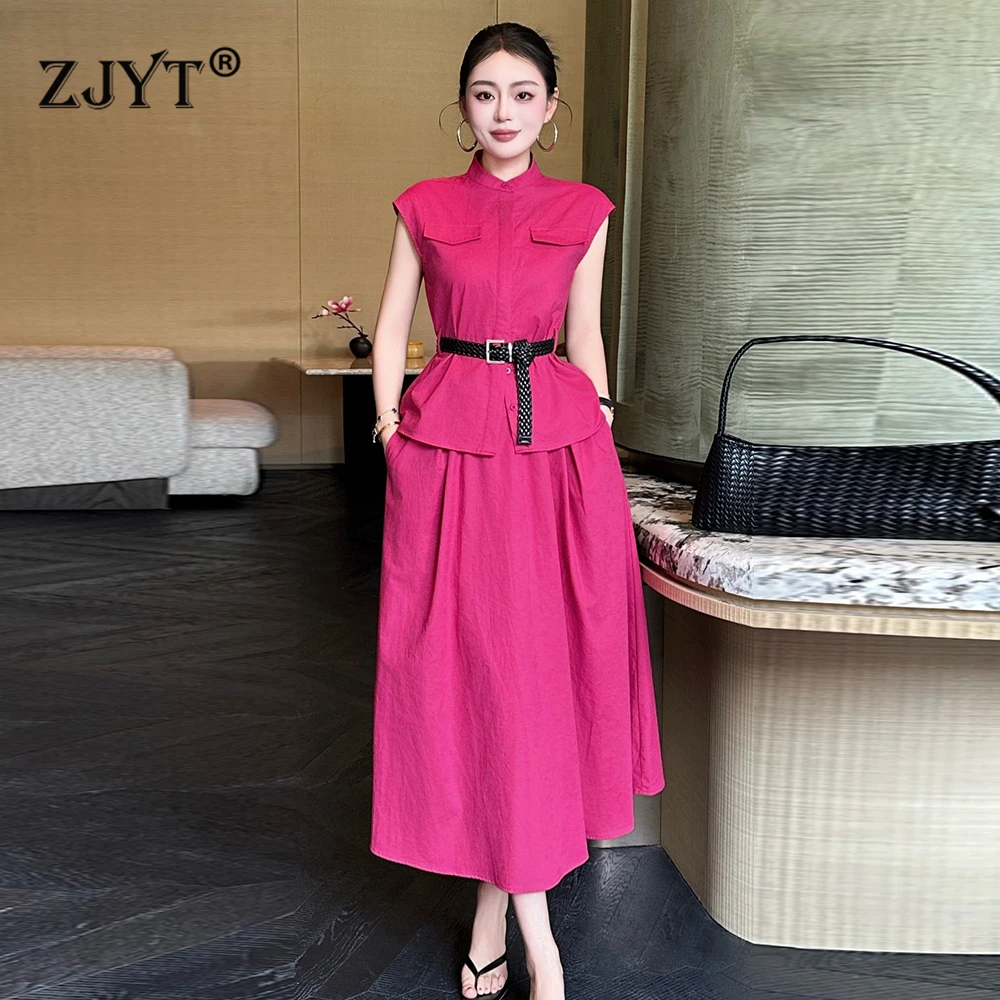 

ZJYT Summer 100% Linen Short Sleeve Dress Sets 2 Piece Womens Outfit Elegant Blouse and Skirt Suit Holiday Casual Clothing Set