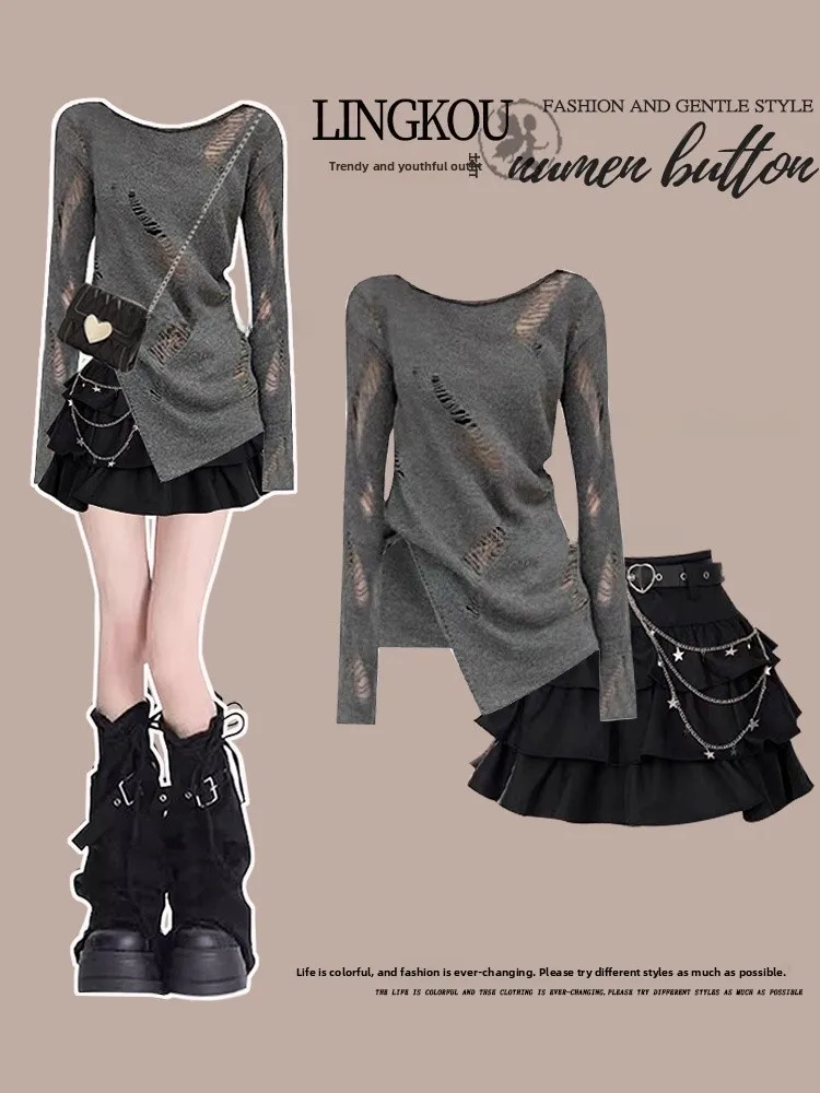 

Spicy Girl Outfit High Waist Hollow out Top Short Skirt Two Piece Set Women's Asymmetrical Hollow Design Slimming Ensemble