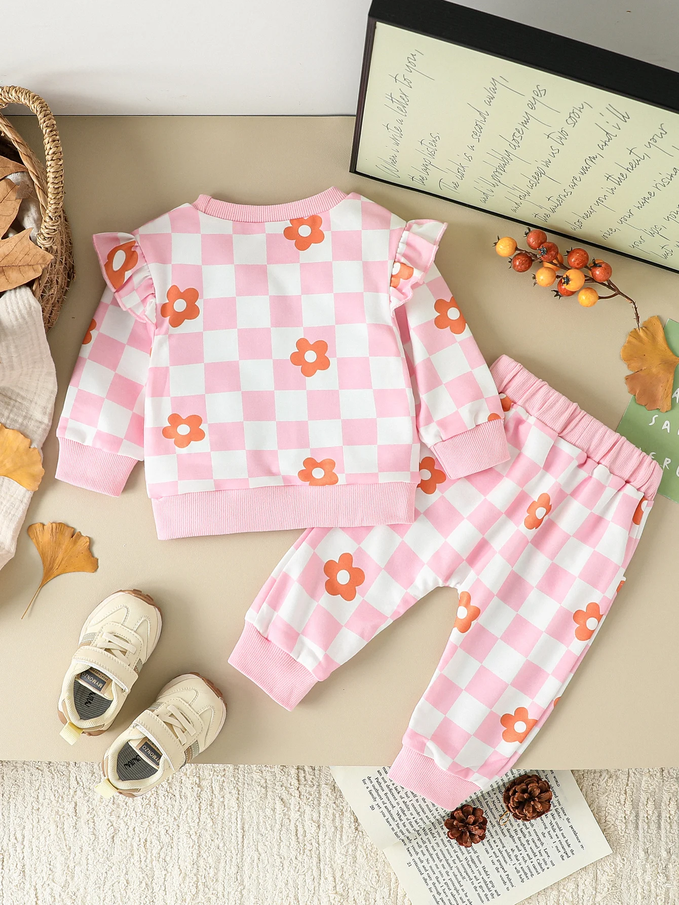 2Pcs Autumn Baby Girl Clothes Sets Infant Long Sleeve Checkerboard Floral Print Pullover Tops Pants Clothing Outfits