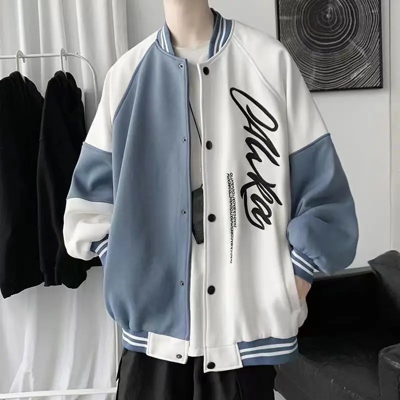 

Spring Fall Men's Baseball Jacket Coat Fashion Patchwork Letter Pattern Loose Contrasting Color Jacket Youth Student Casual Tops