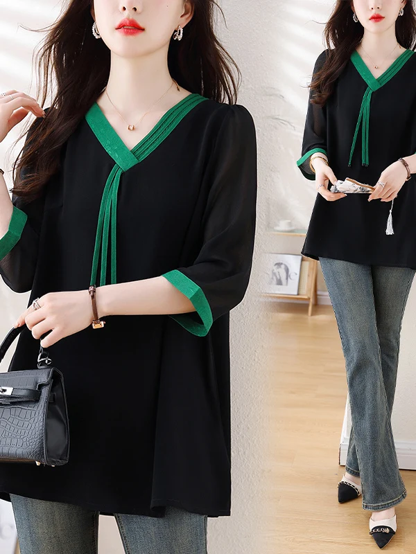 Nieuwe 2025 plus Size Losse Chiffon T-shirt irt vrouwen Vlees Verbergen Afslanken Faion V-Ne Kleur Blo ort Sve Top