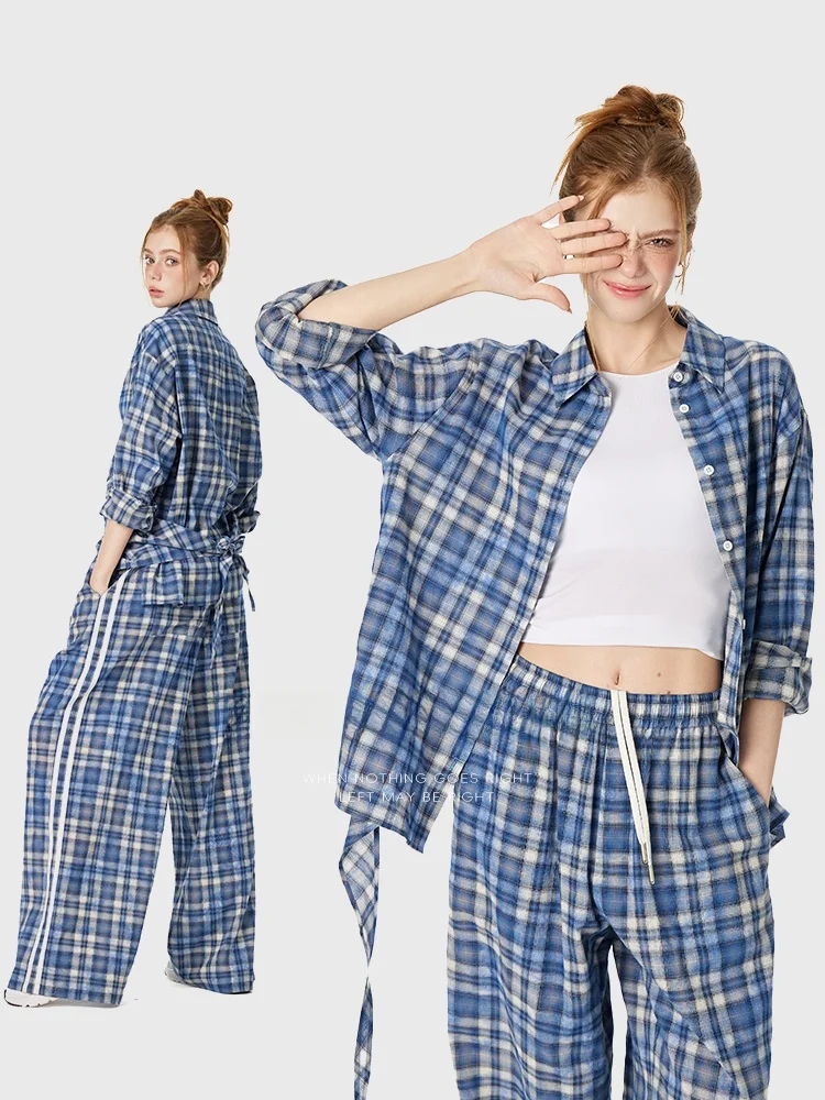 

Женский комплект TurnSignal: рубашка в клетку с длинным рукавом и брюки, повседневный костюм с высокой талией, свободного кроя, модный комплект из двух предметов для весны и осени