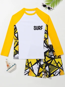 Geometry Print Boys Swimsuit Set 6 Boy Swimsuit 2026 New Geometry Print Long Sleeve Children Swimwear Summer Two Piece Kids Beach Wear Swimming Bathing Suit Men's 6