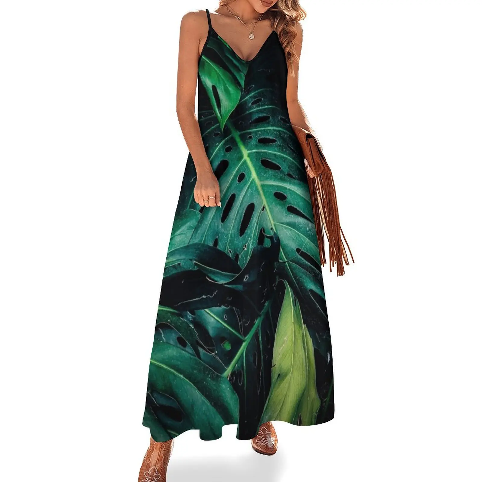 

Dark Green Palm Leaves Sleeveless Dress women clothes evening dress ladies summer women's suit dress