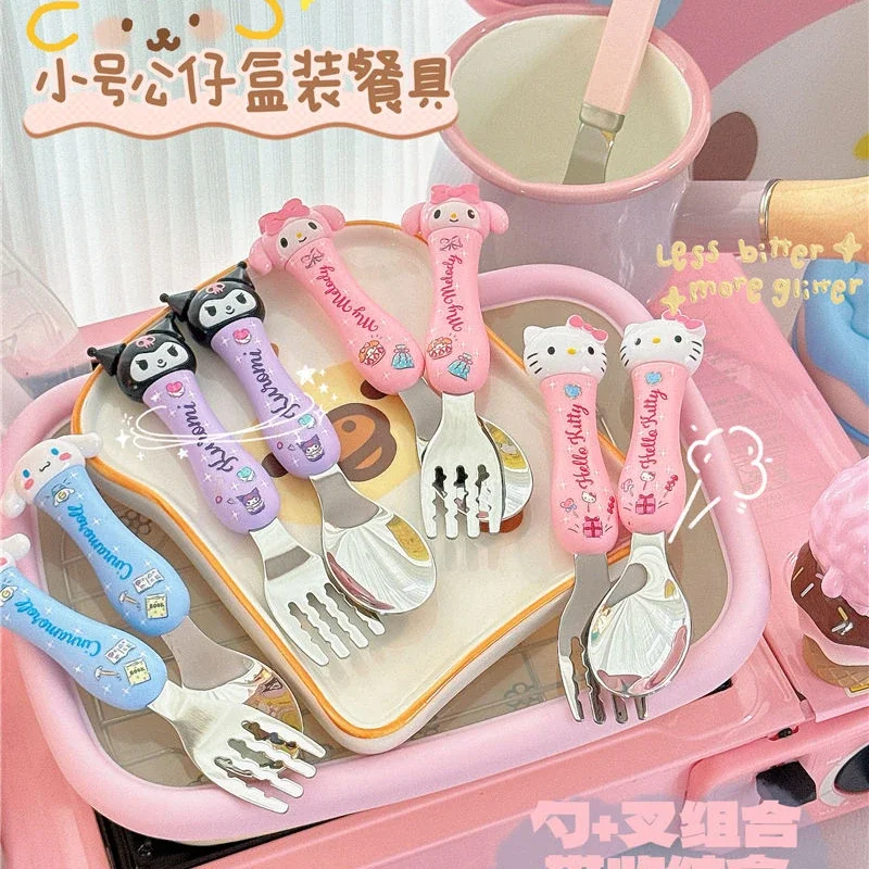 New Sanria Kurome My Melody Cinnamon Roll Tableware Anime Spoon Fork Set Dessert Spoon Children's Gadget Travel Portable Gift