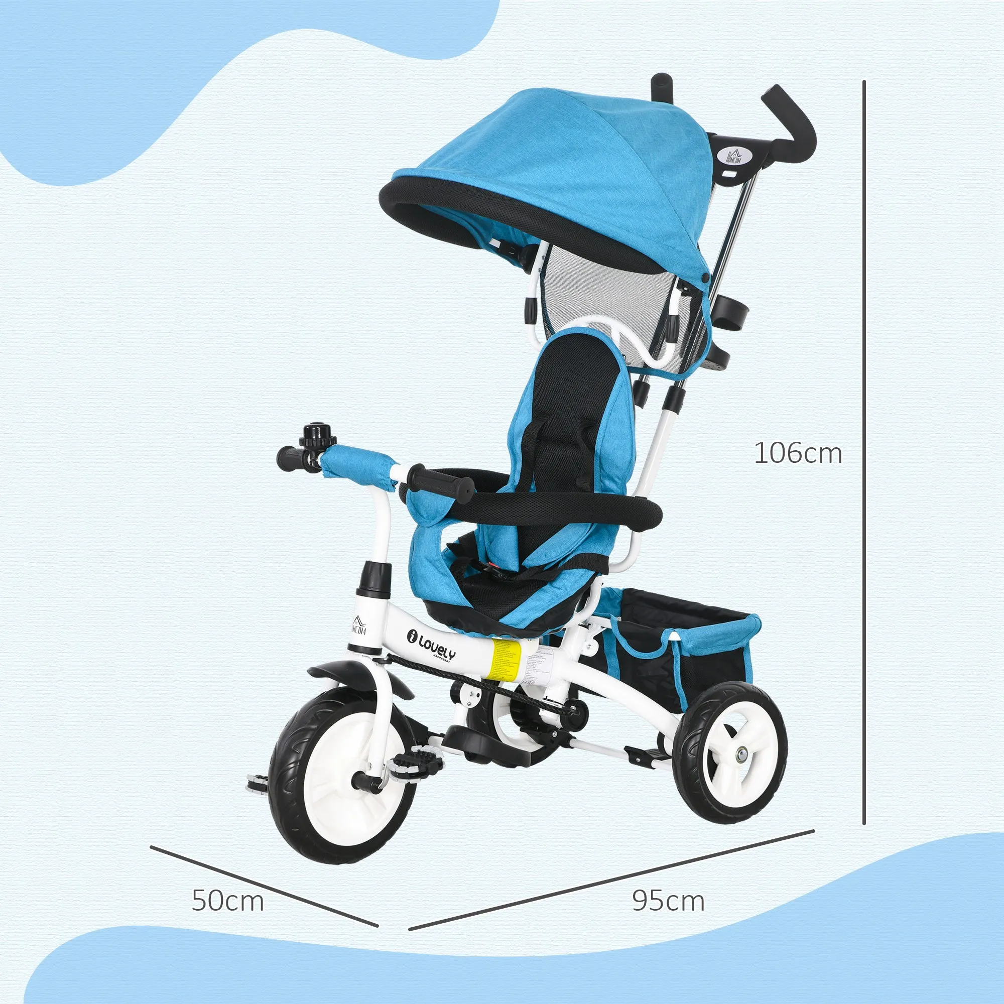 Homcom Evolutionary Tricycle for Children +12 Months with Folding Awning, Telescopic Push Handle and Safety Belt Blue