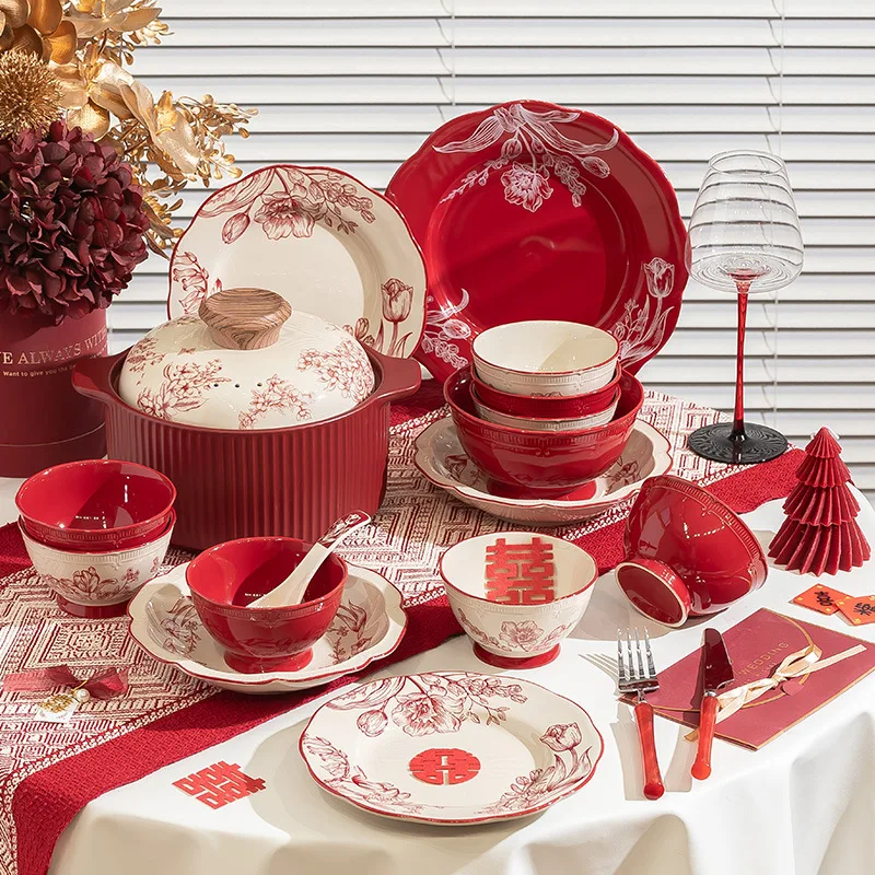 

Hxl red festive ceramic dinnerware underglaze rice bowl and plate set